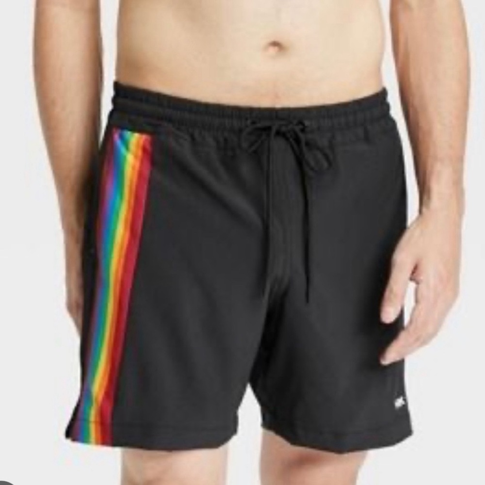 Pride Adult Humankind Rainbow Striped Swim Trunks Size Small
